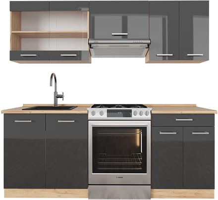 Vicco R-Line Complete keukeneenheid – 200 cm, WB Eik Antraciet hoogglans/goud eiken
