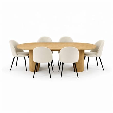 Kyoto eethoek eettafel 100x210cm natuur, 6 stoelen ribfluweel beige.