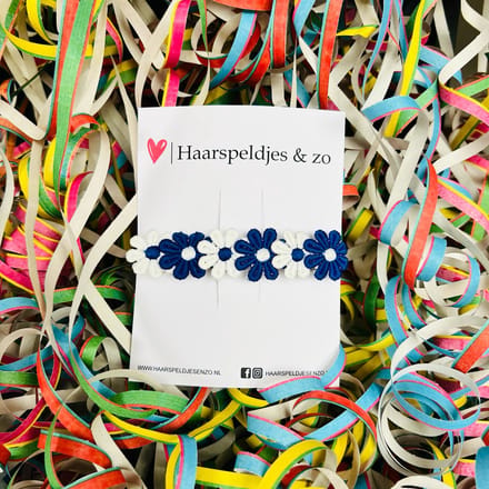 Blauw/wit (witte) madeliefjes op French Barrette - carnaval - haaraccessoires