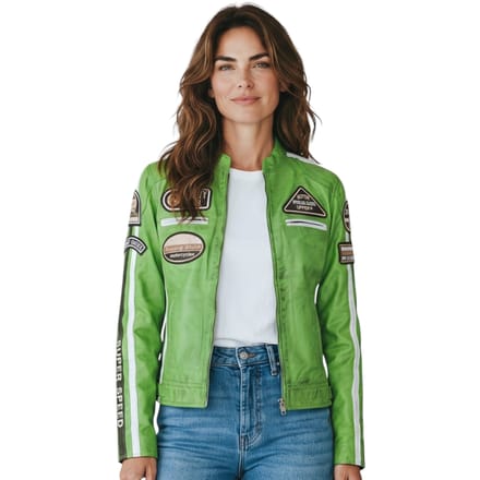 Dames Biker Racing Badges Groene Leren Jas-Incheon