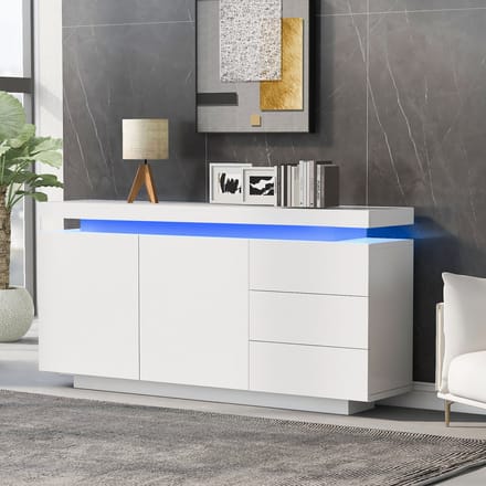 REDOM Luxe Sideboard Wit Hoogglans met RGB LED (140cm) - Modern Dressoir met Zwevend Effect & App-Bediening - 2 Deuren & 3 Lades