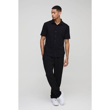 Short Sleeve Jersey Herringbone Shirt & Trouser Set | Black | Size Medium