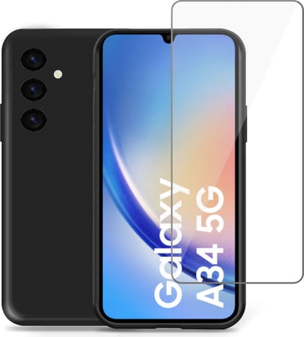 Hoesje geschikt voor Samsung A34 + Screenprotector – Tempered Glass - Liquid Back Case Cover Zwart