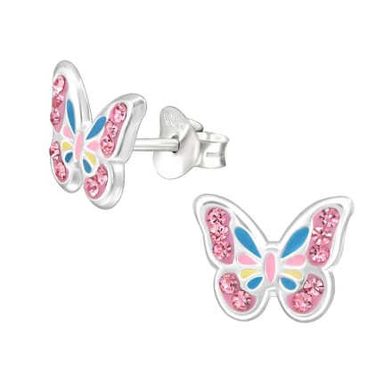 Oorbellen meisje vlinder - zilver - roze - blauw - glitter