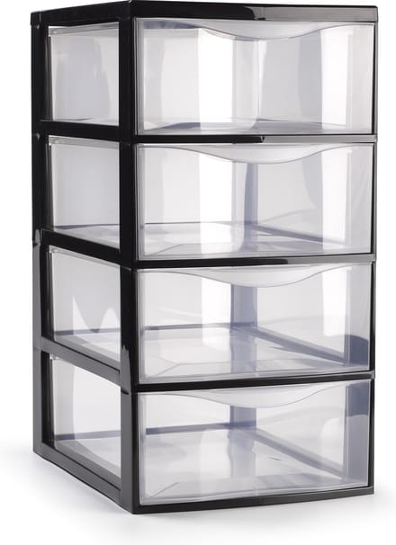 Plasticforte Ladeblokje/bureau organizer met 4x lades - transparant/zwart - L18 x B25 x H33 cm