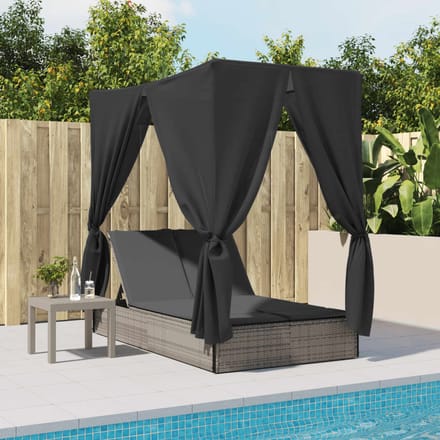 vidaXL - Ligbed - tweepersoons - met - dak - en - gordijn - poly - rattan - grijs