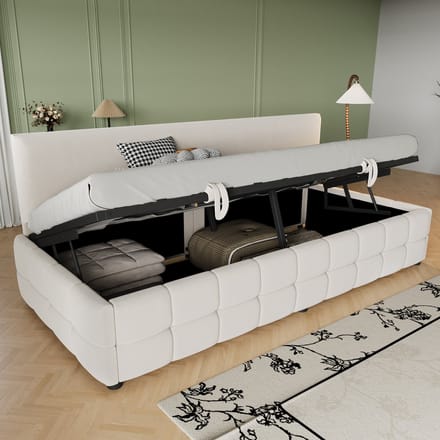 REDOM Slaapbank 90x200 cm – Fluweel met hydraulische opbergruimte – Beige
