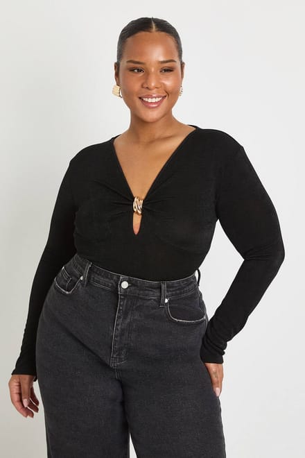 boohoo Dames Plus bodysuit met gouden afwerking en sleutelgat | Zwart | Maat: 52