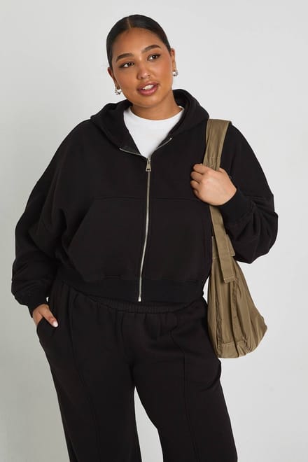 boohoo Dames Plus Core Basic Boxy Hoodie met ballonmouwen, oversized pasvorm en ritssluiting | Zwart | Maat: 50