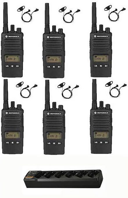 Set van 6 Motorola XT460 IP55 PMR446 met D-shape oortje M1 2-Pins en multilader