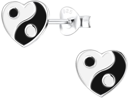 Joy|S - Zilveren hartje oorbellen - zwart wit - yin yang - 8 mm