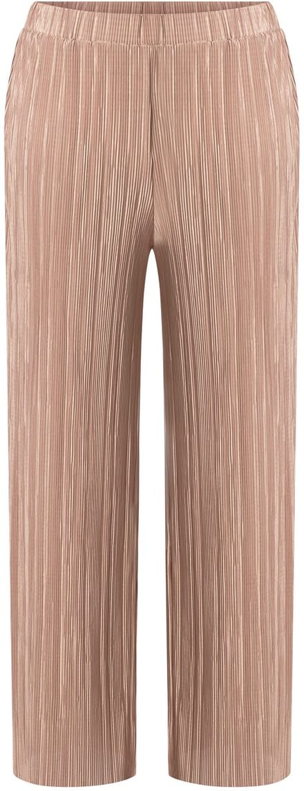 Ulla Popken - Dames - Geplooide broek wijde pijpen hoge taille elastische band - Lichtbruin - Maat 42+