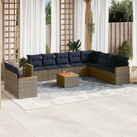 vidaXL - 11-delige - tuinbankset - met - kussens, - grijs - polyrotan