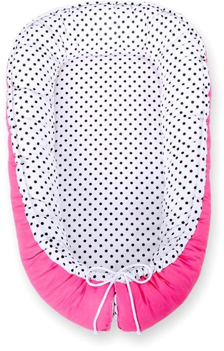 Babynest dubbelzijdig Premium Cocoon voor baby's BOBONO- zwarte stippen/ donkerroze