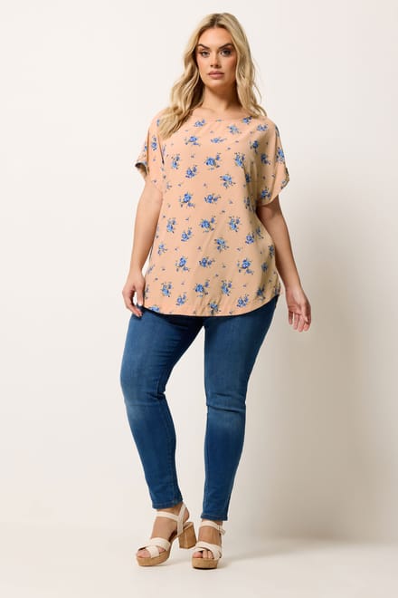 Yours Roze Top Met Bloemenprint En Bandjesmouwen Size 46