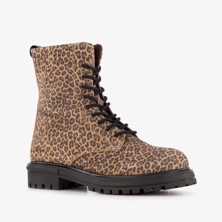 Groot suède meisjes veterboots met luipaardprint - Bruin - Echt leer - Uitneembare zool - Maat 33