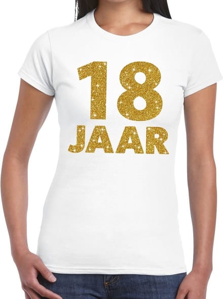 18 jaar verjaardag - print in goud glitters - cadeau t-shirt - wit - voor dames M