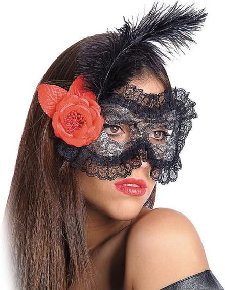 Oogmasker met zwart kant, roos en veren deluxe