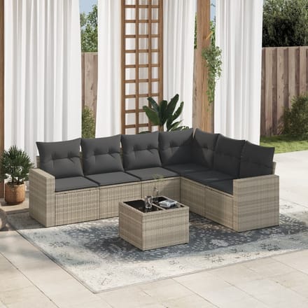 vidaXL - 7-delige - Loungeset - met - kussens - poly - rattan - lichtgrijs
