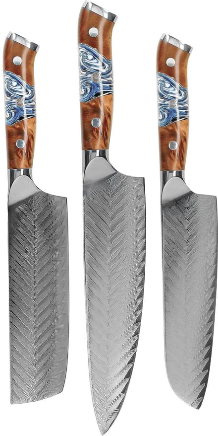 Shinrai Knives - Eclipse 3-delige Damascus Messenset - Koksmes + Nakiri + Santoku