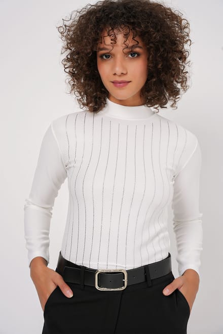 Gestreepte Halve Col Lange Mouw Top met Steen Detail