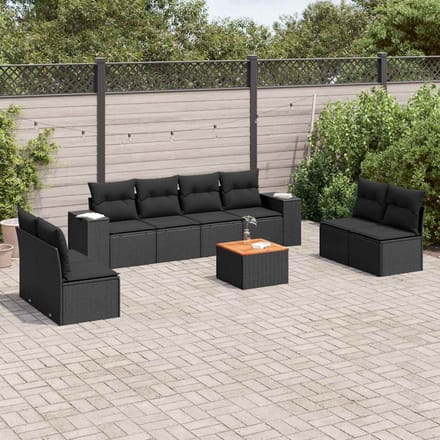 vidaXL - 9-delige - Loungeset - met - kussens - poly - rattan - zwart
