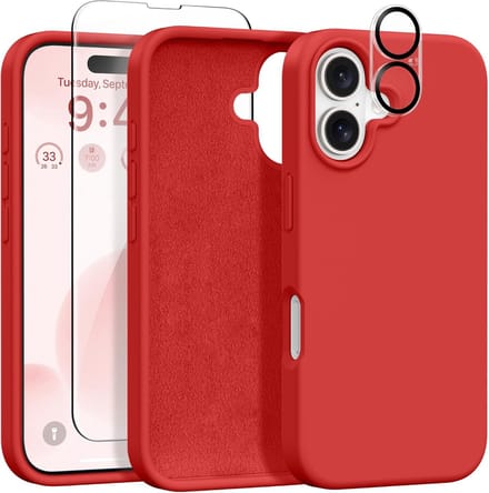 Solid hoesje Soft Touch Liquid Silicone Flexible TPU Rubber + Screenprotector - Camera Lens - Geschikt voor: iPhone 16 Plus - Rood