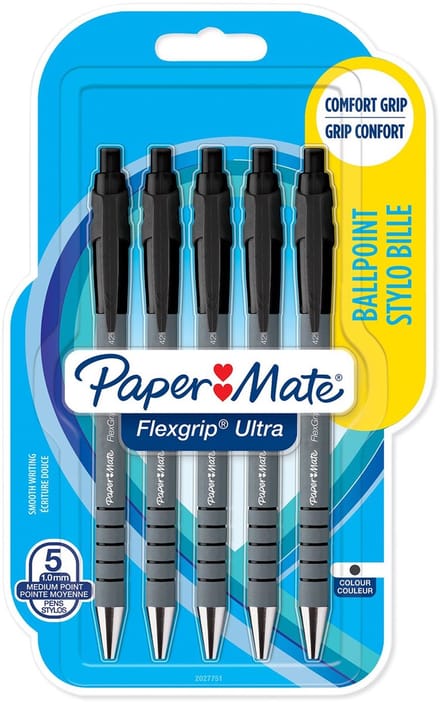 Paper Mate Flexgrip Ultra-balpennen met drukknop | Medium punt (1,0 mm) | Zwart | 5 stuks