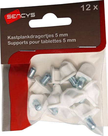 SENCYS kastplankdragers met metalen stift Ø5mm kunststof wit | 12 stuks
