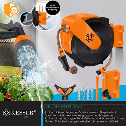 KESSER® Slanghaspel met tuinslang 15 m - wandmontage - 180° draaibaar - automatisch oprollen - zwart/oranje