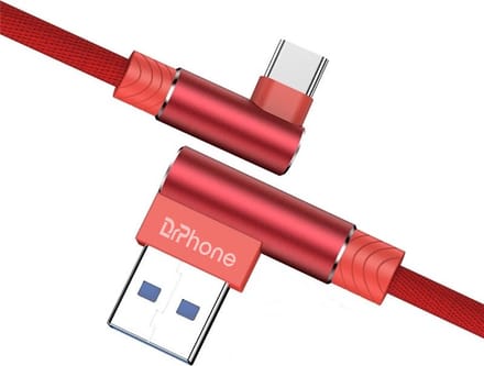 DrPhone D9 Type-C USB-C Dubbele 90° Haakse Nylon Gevlochten 3A kabel – 3 Meter -Datasynchronisatie & Snel opladen – Rood