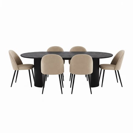 Kyoto eethoek eettafel donkerbruin, 6 stoelen met beige velours bekleding.
