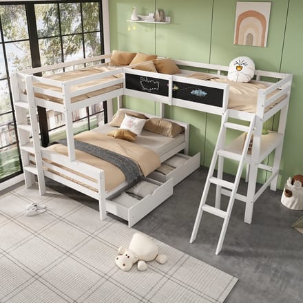 MODFU – Kinderhoogslaper – 140x200 & 90x200 cm – Voor 3 Kinderen – Bureau & Opbergladen – Hout – Wit & Eiken