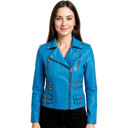 Dames leren blauwe Brando bikerjack - Constantia