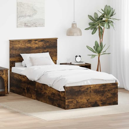 vidaXL - Bedframe - met - hoofdeinde - Rook - Eiken - 90 - x - 190 - cm - Bewerkt - hout