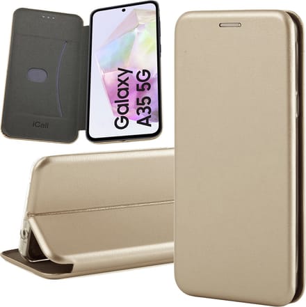 Hoesje geschikt voor Samsung Galaxy A35 - Screenprotector Glas - Wallet Book Case Goud