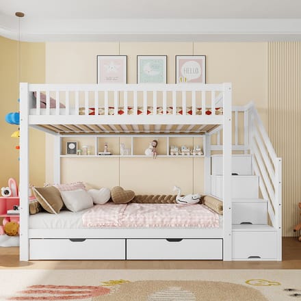 Pugsdrly Stapelbed (zonder matras), kinderbed, met lade, plank, kast, opbergvak, 90 x 200 cm, wit