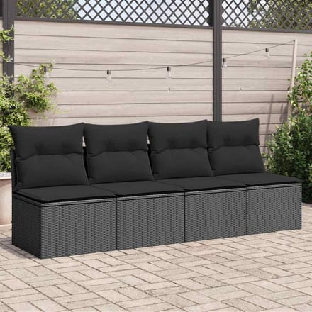 vidaXL - Tuinbank - met - kussens - 4-zits - zwart - poly - rattan