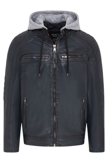Heren blauwe capuchon biker lamsleren jas - Kingston