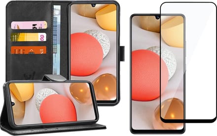 Hoesje geschikt voor Samsung Galaxy A42 - Screen Protector FullGuard - Book Case Kunstleer Pasjeshouder Zwart & Screenprotector