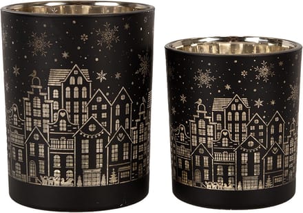 Clayre & Eef Theelichthouder Set van 2 Ø 9x10 / Ø 10x12 cm Zwart Glas Huizen