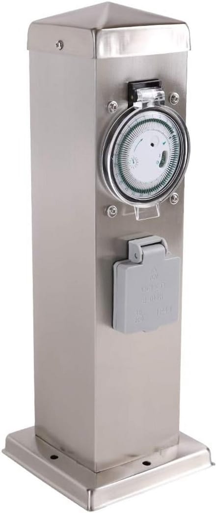 Roestvrijstalen buitensteunkolom met 2 wandcontactdozen en programmeerbare timer hoogte 35 cm