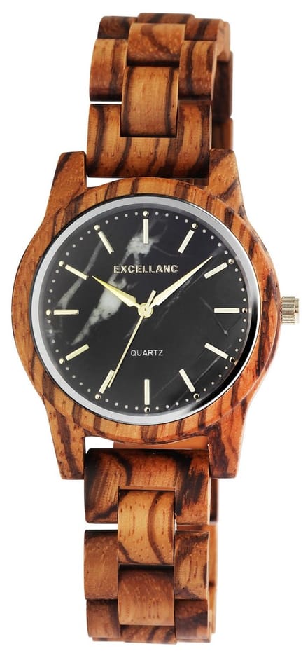 EXCELLANC Excellanc unisex-polshorloge van echt hout met marmeren wijzerplaat