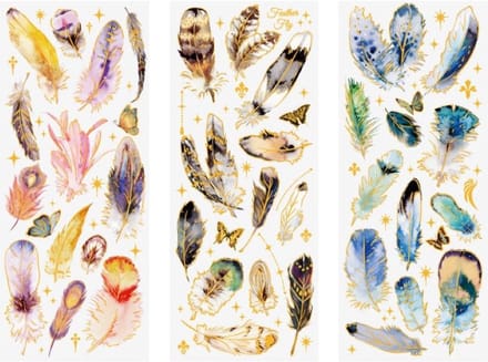 3 stickervellen Veertjes - Stickers Feather - Hobbystickers - Met goud Foil