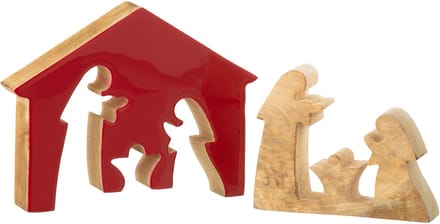 J-Line decoratie Kerststal in Huis - hout - rood/naturel - large
