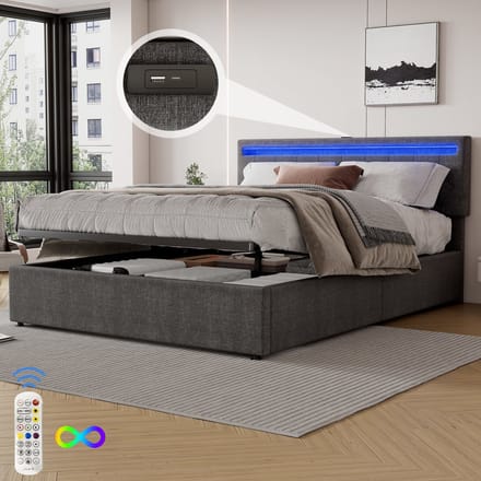 SINGULARITY-Vlak bed 180 x 200 cm- gestoffeerd- hydraulisch bed met hefmechanisme- kleurveranderende sfeerverlichting- wit- zonder matras