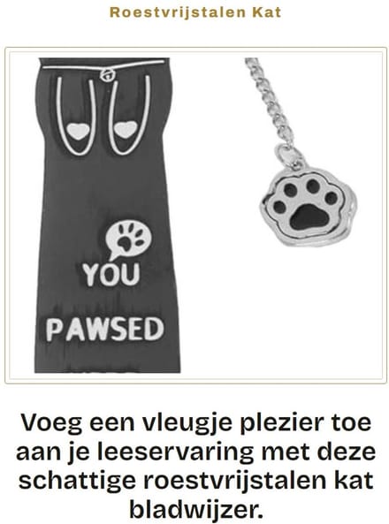 Dailygoods - Roestvrijstalen Kat Bladwijzer met Poot Charm