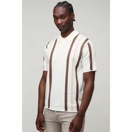 Tall Regular Fit Striped Knitted Polo T-Shirt | Ecru | Size Small