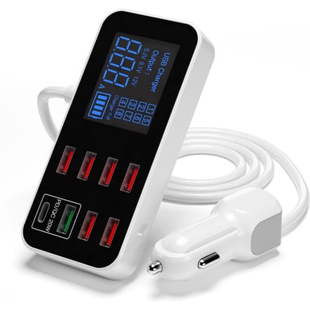 A9S+ 8-poorts USB-autolader Snelle autolader LCD-scherm Ultradunne USB-hub voor telefoon, tablet, DVR wit
