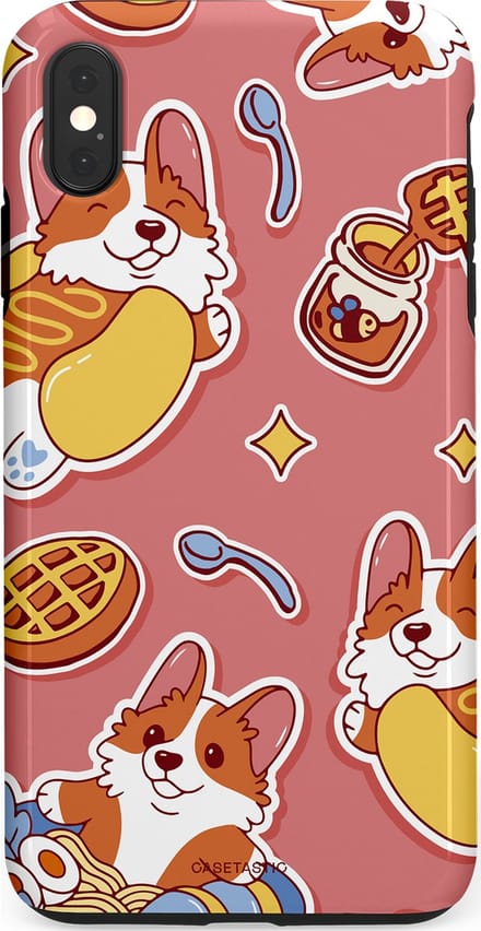 Casetastic hoesje geschikt voor Apple iPhone XS Max - Dubbellaagse bescherming - Corgi snacks - Fashion Case - Koraal Terracotta Lichtgrijs Goud